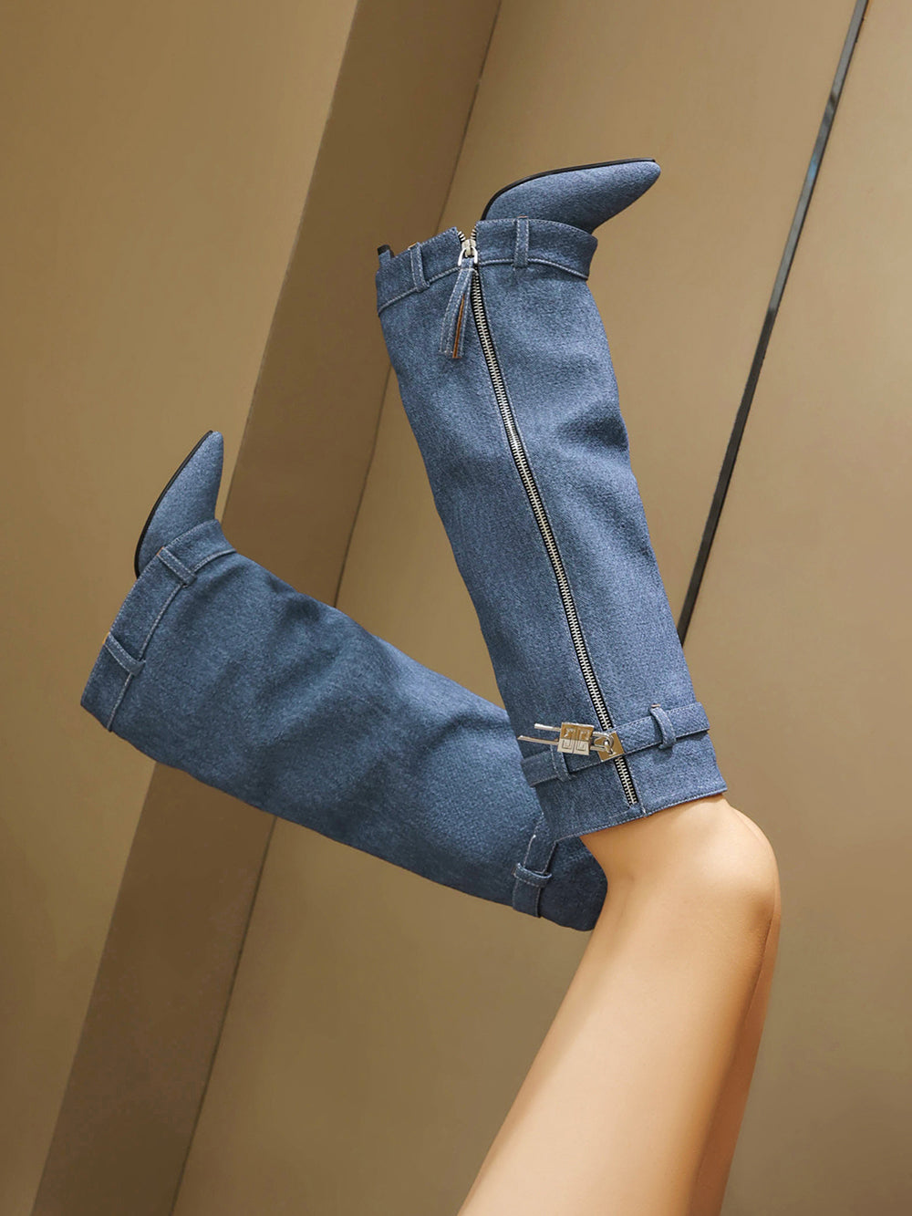 Women's Blue Denim Fold-over Pointed Toe Stiletto Heel Knee High Boots