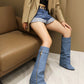 Women's Blue Denim Fold-over Pointed Toe Stiletto Heel Knee High Boots