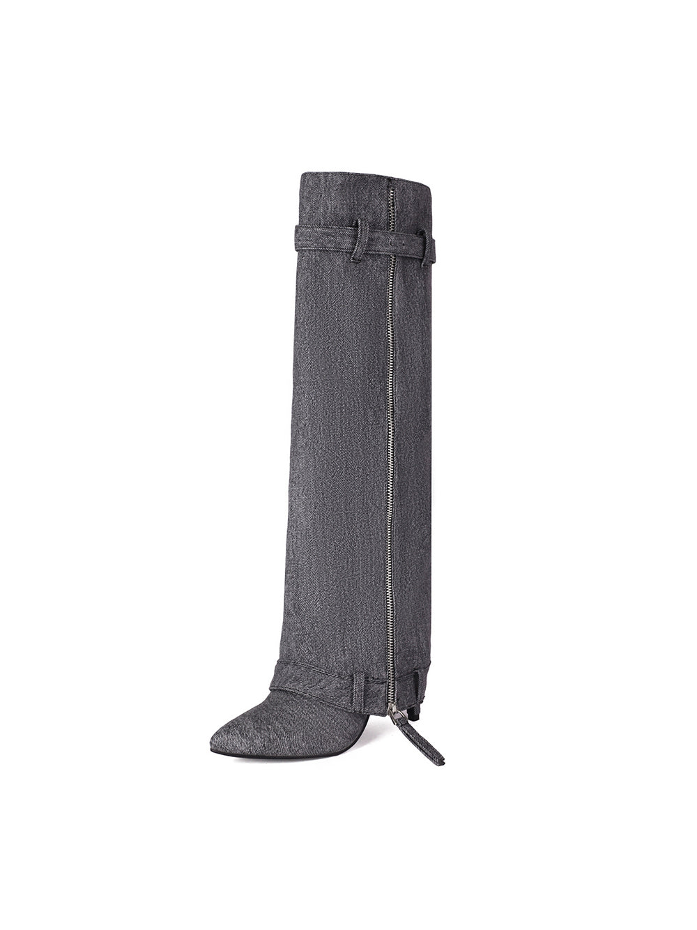 Women's Black Denim Fold-over Pointed Toe Stiletto Heel Knee High Boots