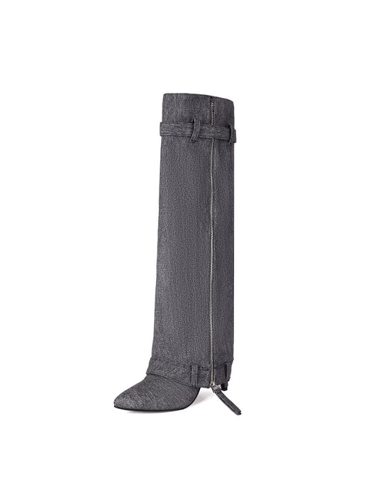 Women's Black Denim Fold-over Pointed Toe Stiletto Heel Knee High Boots