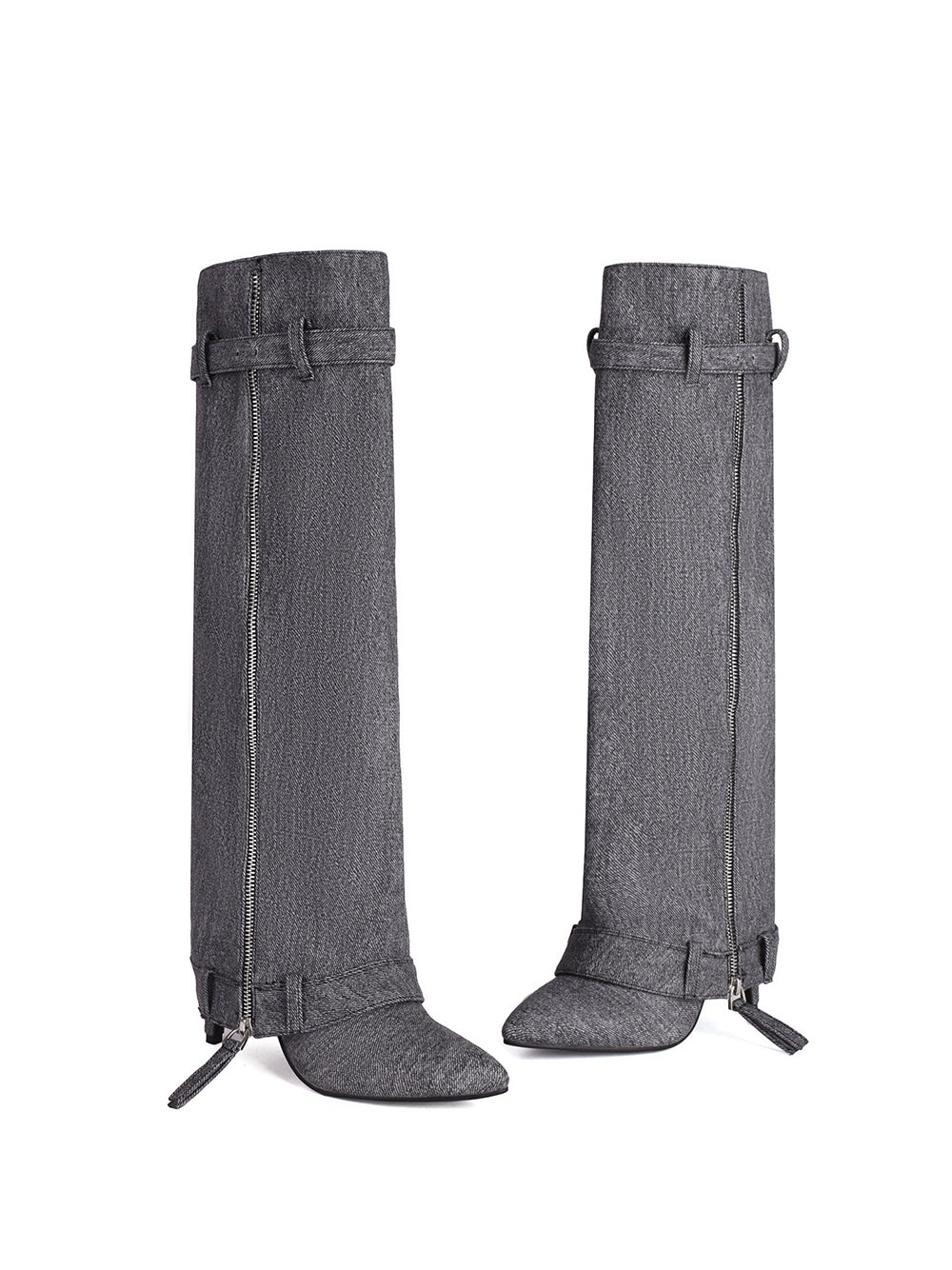 Women's Black Denim Fold-over Pointed Toe Stiletto Heel Knee High Boots