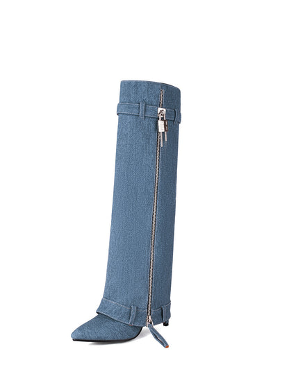 Women's Blue Denim Fold-over Pointed Toe Stiletto Heel Knee High Boots