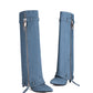 Women's Blue Denim Fold-over Pointed Toe Stiletto Heel Knee High Boots