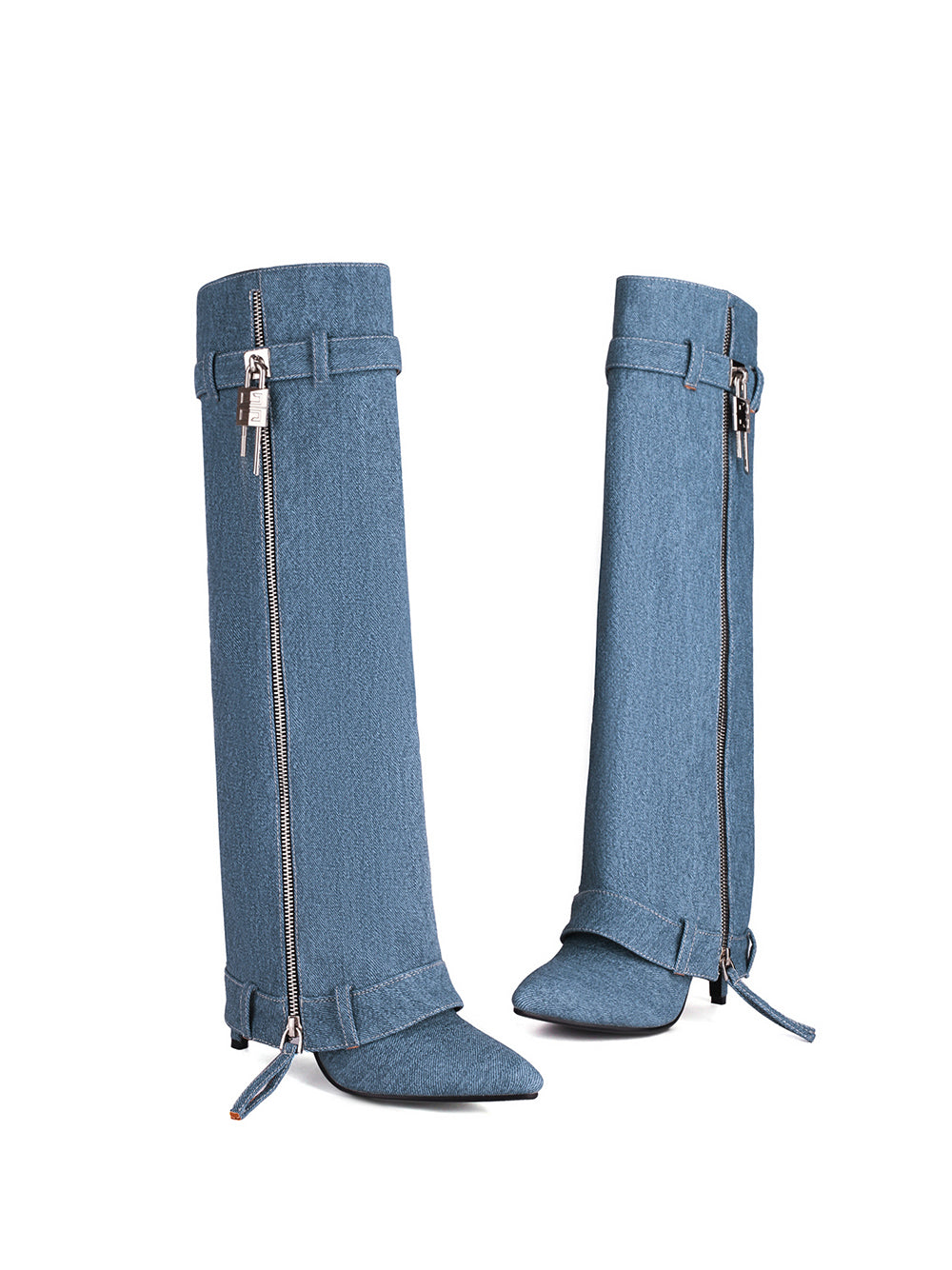 Women's Blue Denim Fold-over Pointed Toe Stiletto Heel Knee High Boots