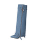 Women's Blue Denim Fold-over Pointed Toe Stiletto Heel Knee High Boots