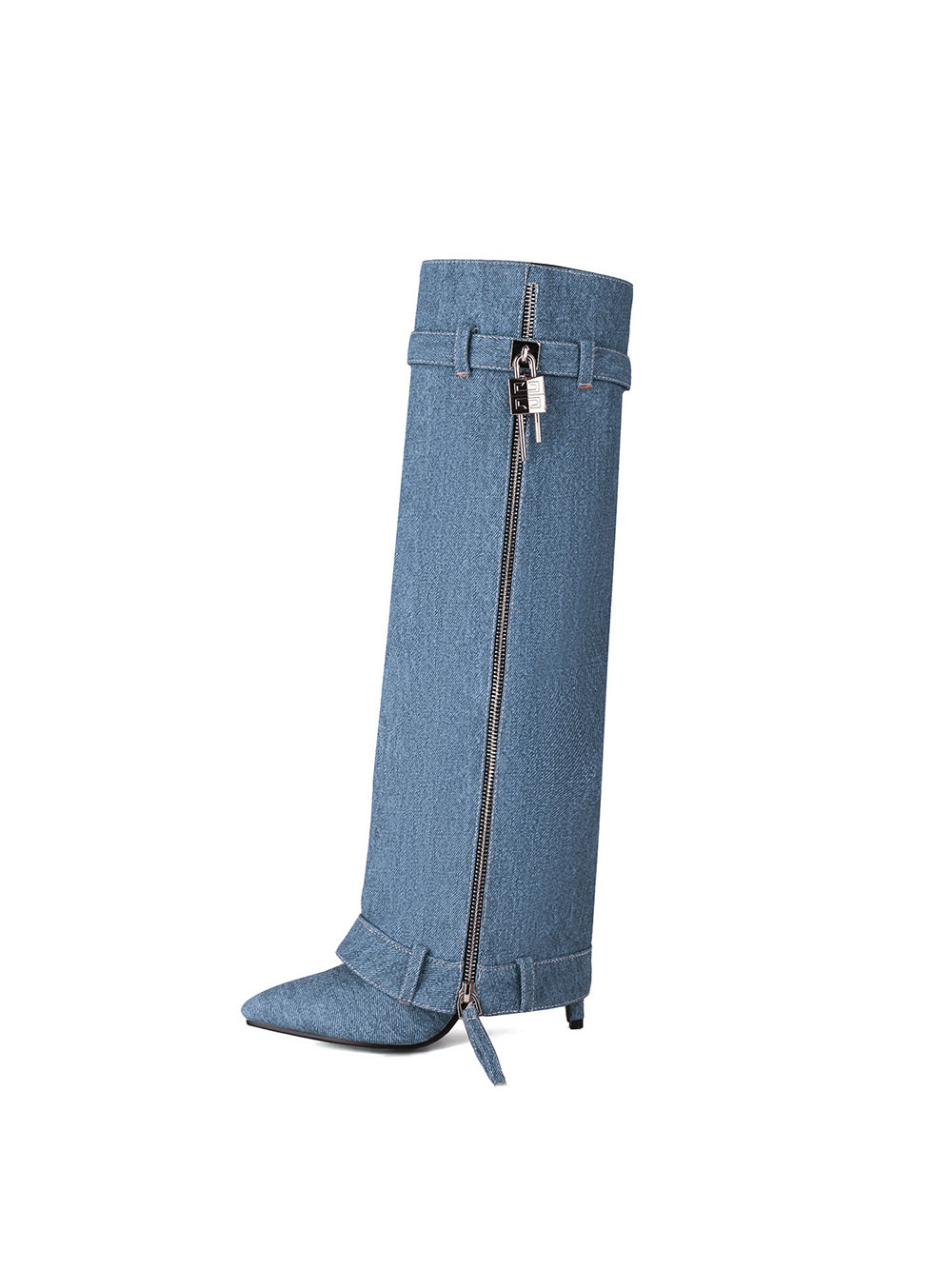 Women's Blue Denim Fold-over Pointed Toe Stiletto Heel Knee High Boots