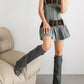 Women's Black Denim Fold-over Pointed Toe Stiletto Heel Knee High Boots