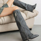 Women's Black Denim Fold-over Pointed Toe Stiletto Heel Knee High Boots