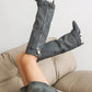 Women's Black Denim Fold-over Pointed Toe Stiletto Heel Knee High Boots