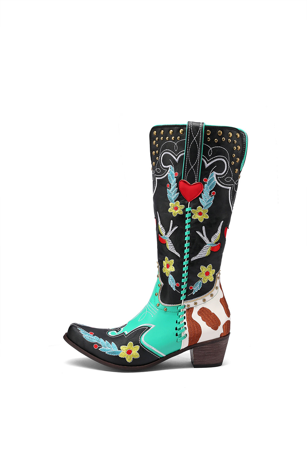 Women's Flower and Bird Embroidery Red Heart Block Heel Cowboy Boots