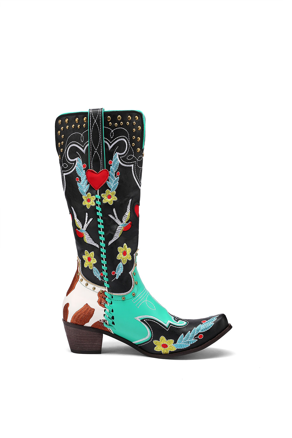 Women's Flower and Bird Embroidery Red Heart Block Heel Cowboy Boots