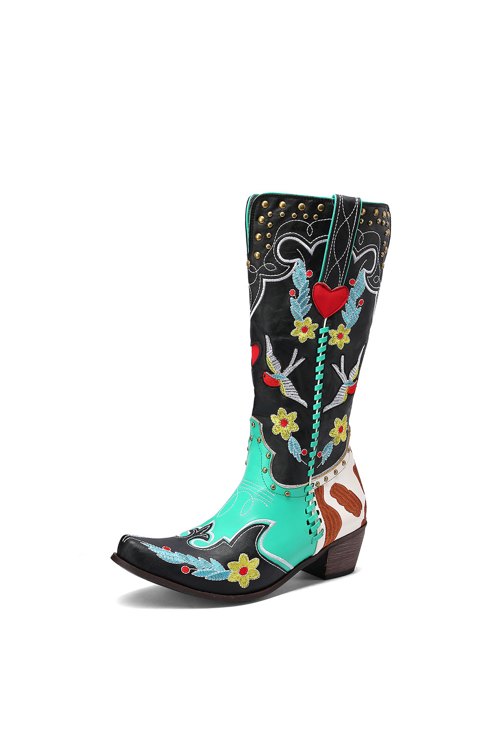 Women's Flower and Bird Embroidery Red Heart Block Heel Cowboy Boots