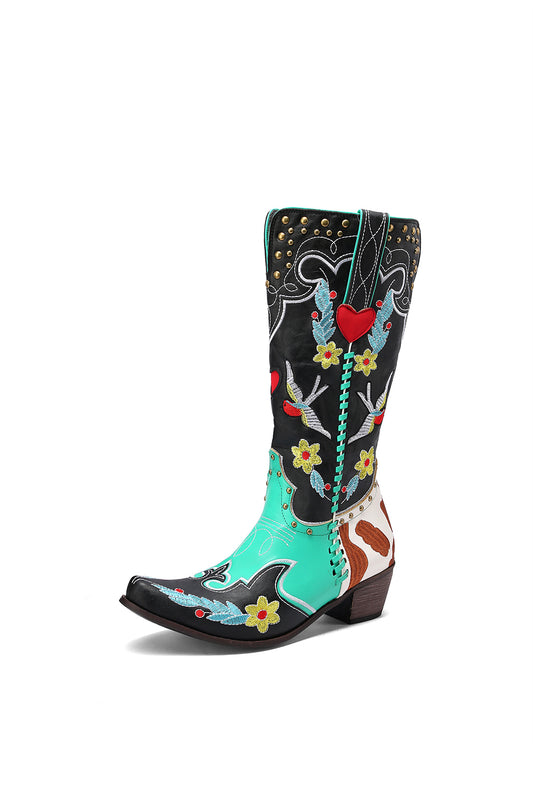 <tc>Women's Flower and Bird Embroidery Red Heart Block Heel Cowboy Boots</tc>