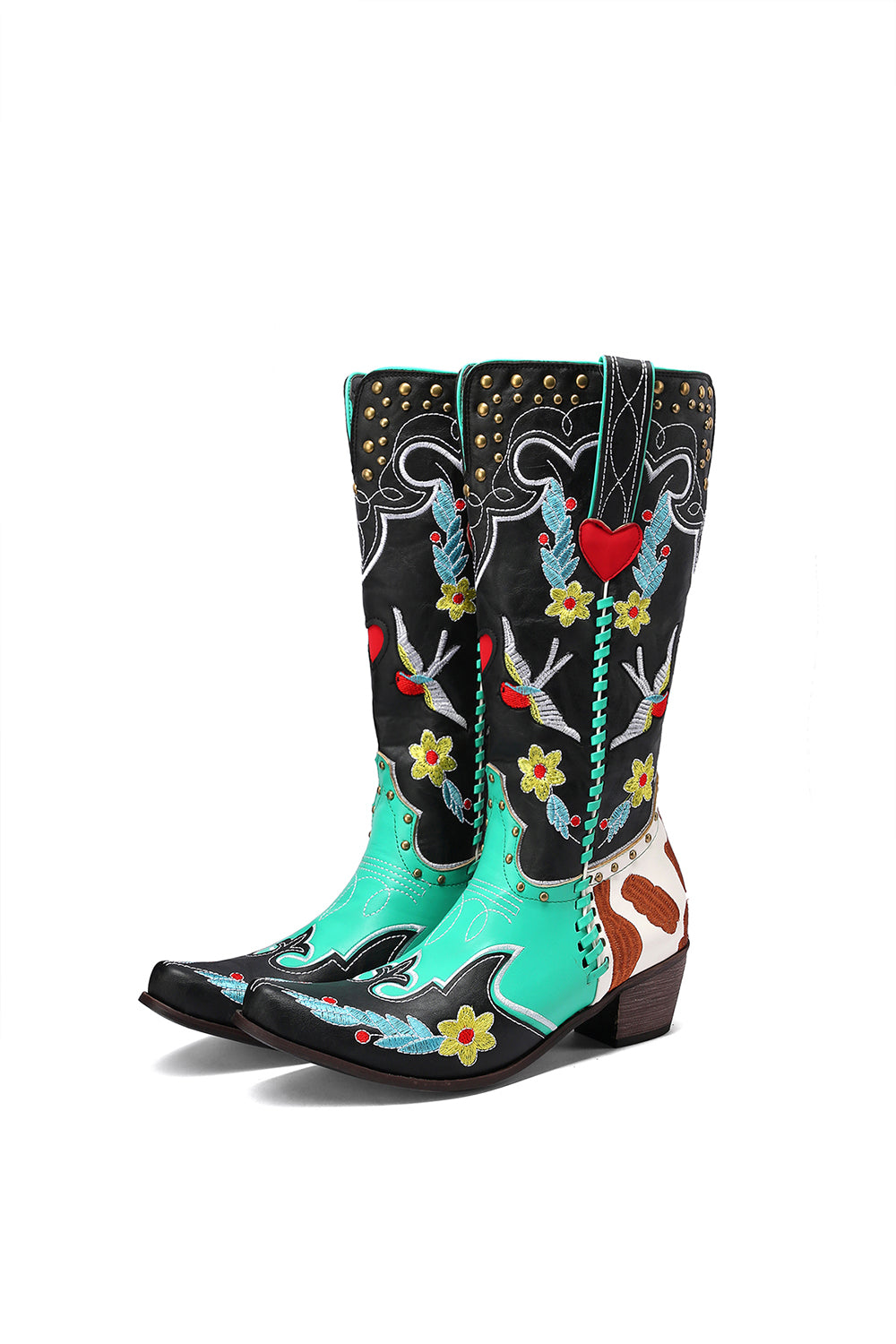 Women's Flower and Bird Embroidery Red Heart Block Heel Cowboy Boots