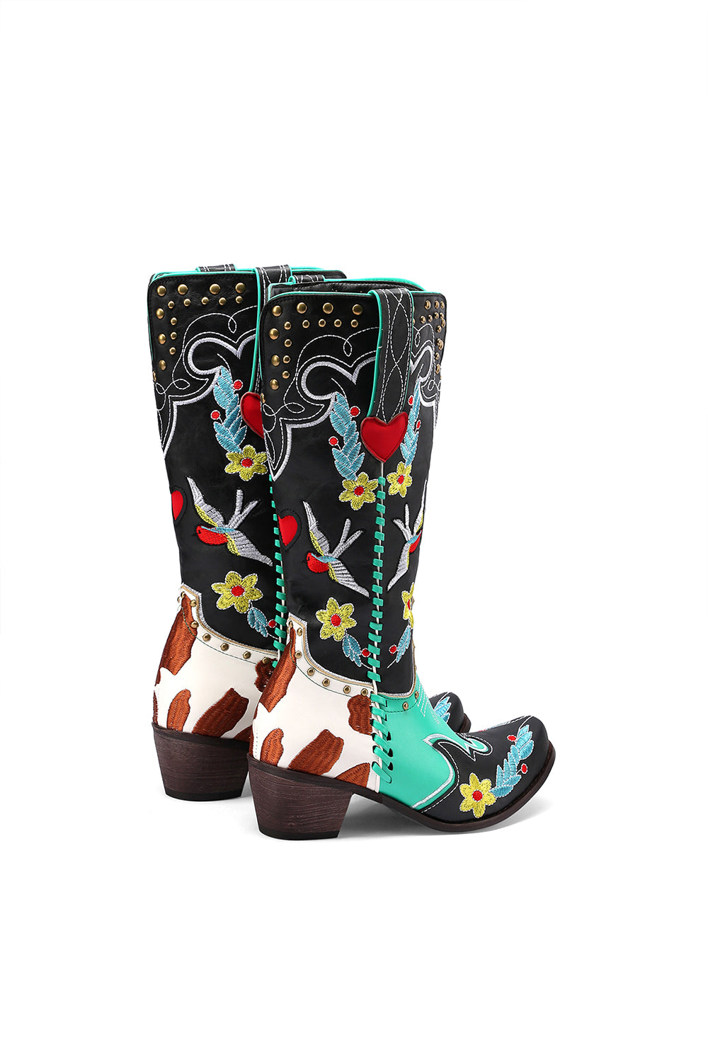 Women's Flower and Bird Embroidery Red Heart Block Heel Cowboy Boots