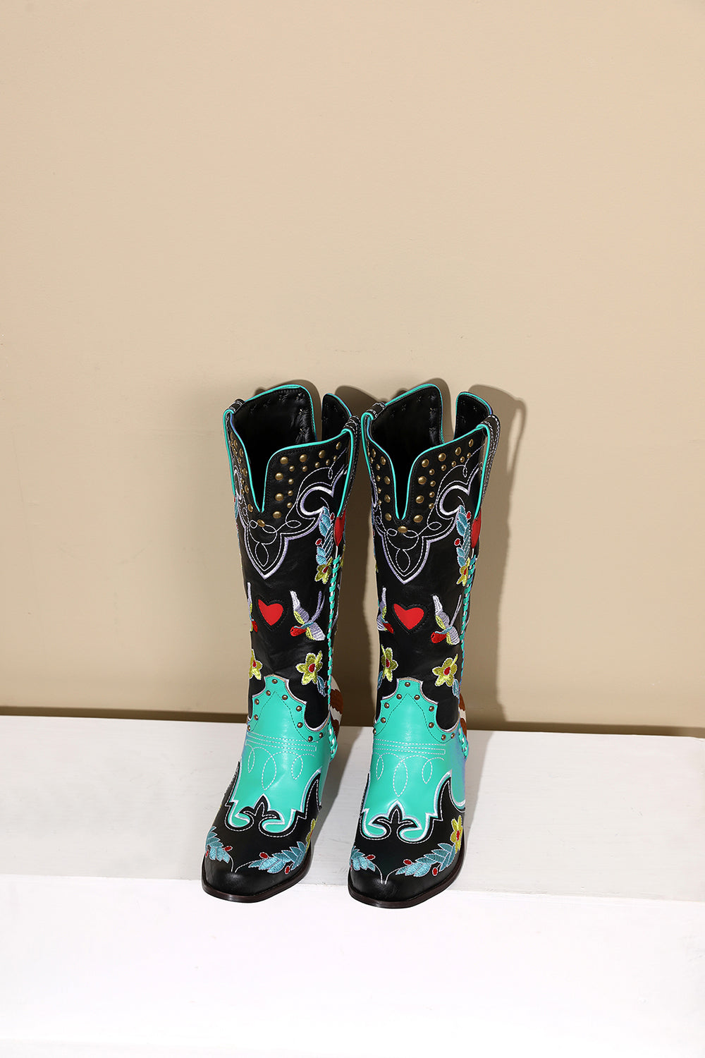 Women's Flower and Bird Embroidery Red Heart Block Heel Cowboy Boots