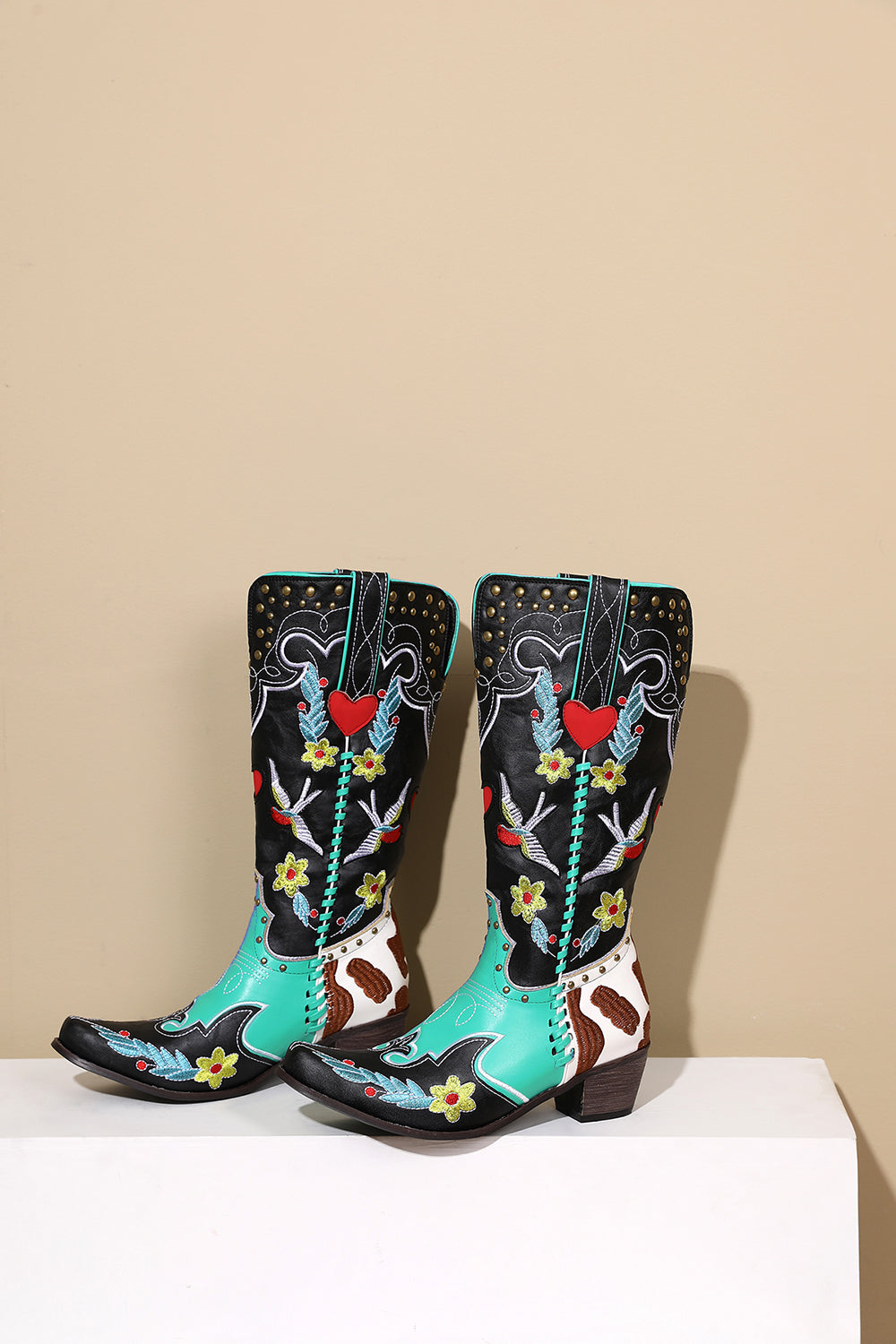 Women's Flower and Bird Embroidery Red Heart Block Heel Cowboy Boots