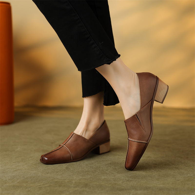 Women's Leather Square Toe Loafer Heel Chunky Heel Easy to Wear Shoes