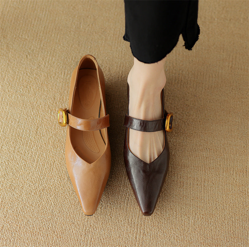 Women's Leather Pointed Toe Flat Shoes Low Heel Mary Jane Shoes