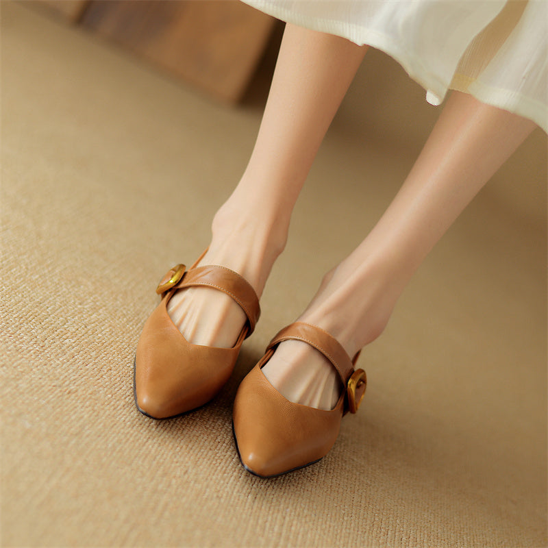 Women's Leather Pointed Toe Flat Shoes Low Heel Mary Jane Shoes