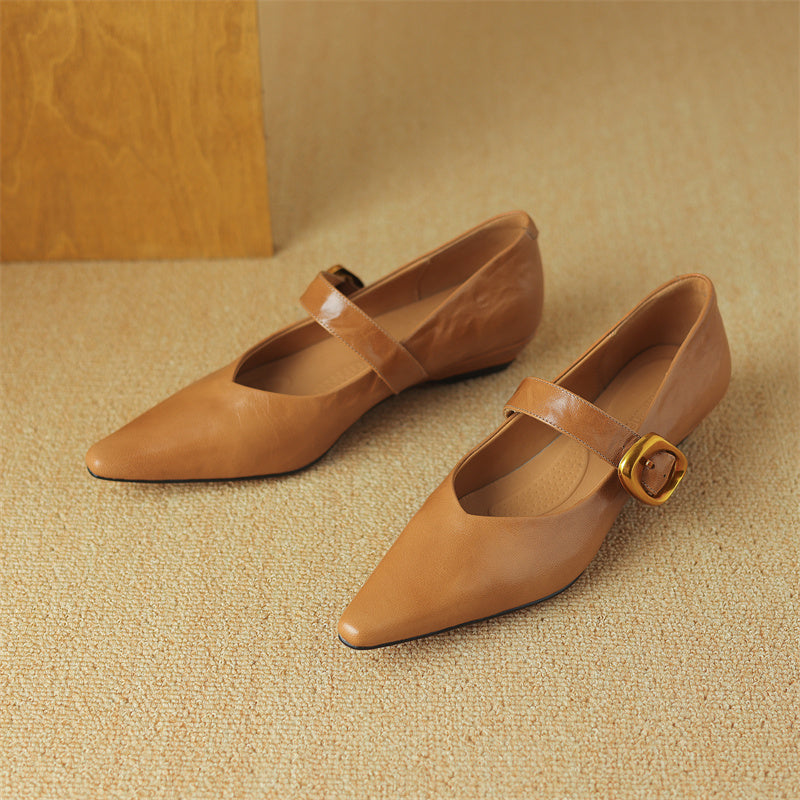 Women's Leather Pointed Toe Flat Shoes Low Heel Mary Jane Shoes