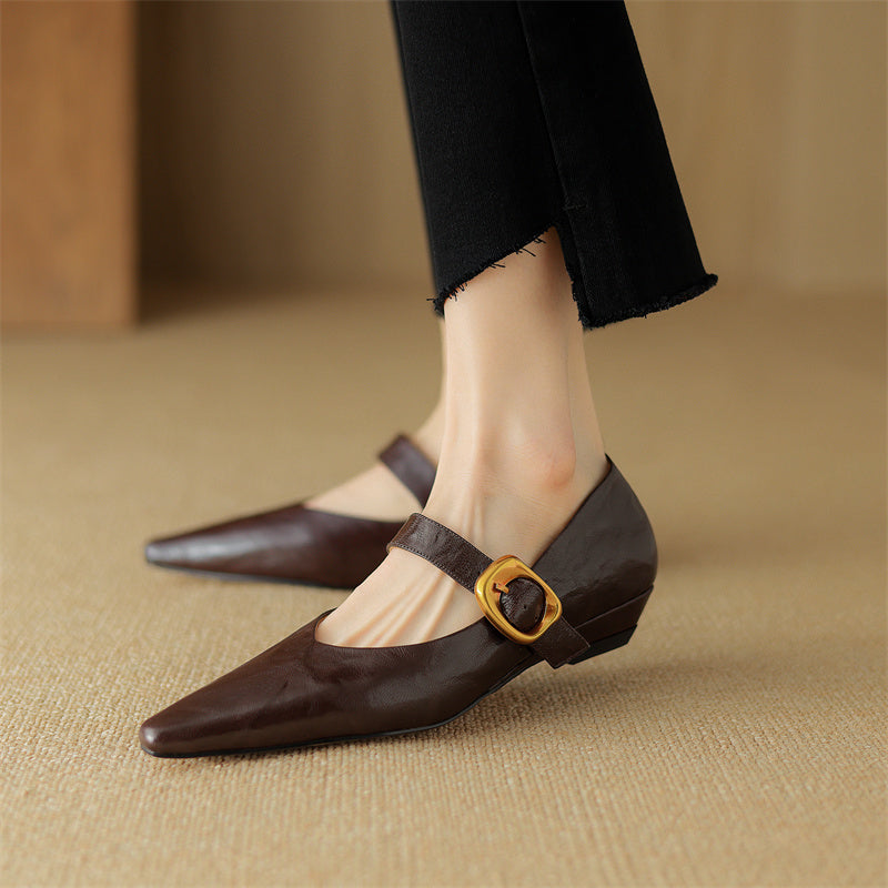 Women's Leather Pointed Toe Flat Shoes Low Heel Mary Jane Shoes