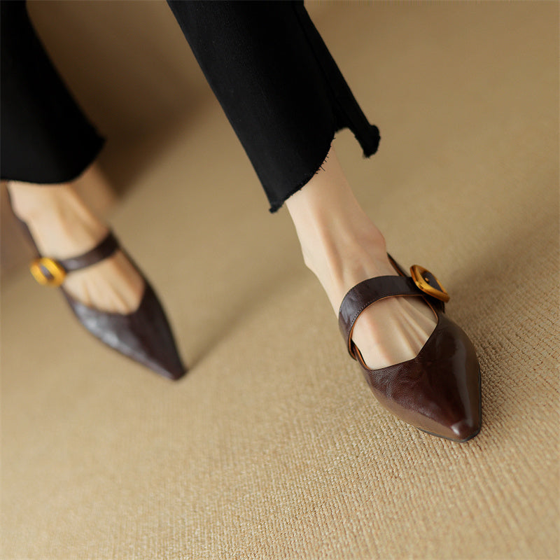 Women's Leather Pointed Toe Flat Shoes Low Heel Mary Jane Shoes