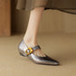 Women's Leather Point Toe Retro Mary Jane Flat Shoes Easy to Walk