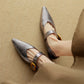 Women's Leather Point Toe Retro Mary Jane Flat Shoes Easy to Walk