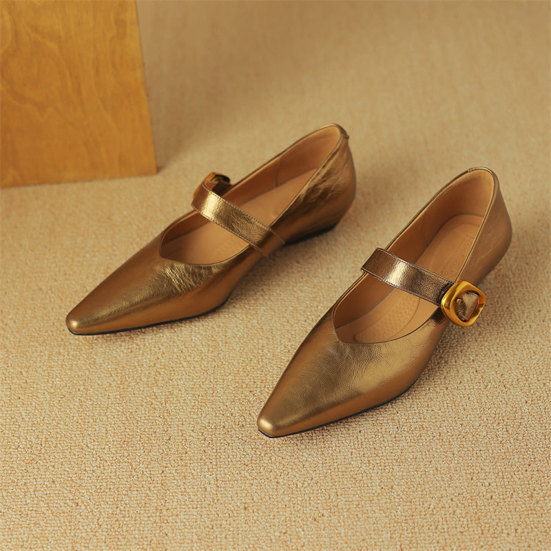 Women's Leather Point Toe Retro Mary Jane Flat Shoes Easy to Walk