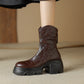 Women's Leather Round Toe Chunky Heel Platform Ankle Boots