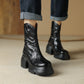 Women's Leather Round Toe Chunky Heel Platform Ankle Boots