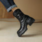 Women's Leather Round Toe Chunky Heel Platform Ankle Boots