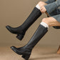 <tc>Women's Black Leather Round Toe Flat Knee High Boots Ridding Booties</tc>