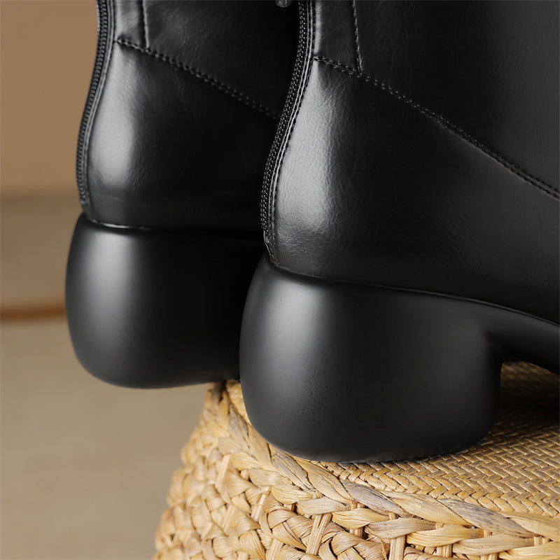 Leather Round Toe Foam Heel Ankle Boots Thick Heel Platform Boots