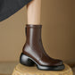 Leather Round Toe Foam Heel Ankle Boots Thick Heel Platform Boots