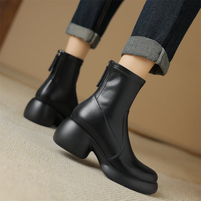 Leather Round Toe Foam Heel Ankle Boots Thick Heel Platform Boots