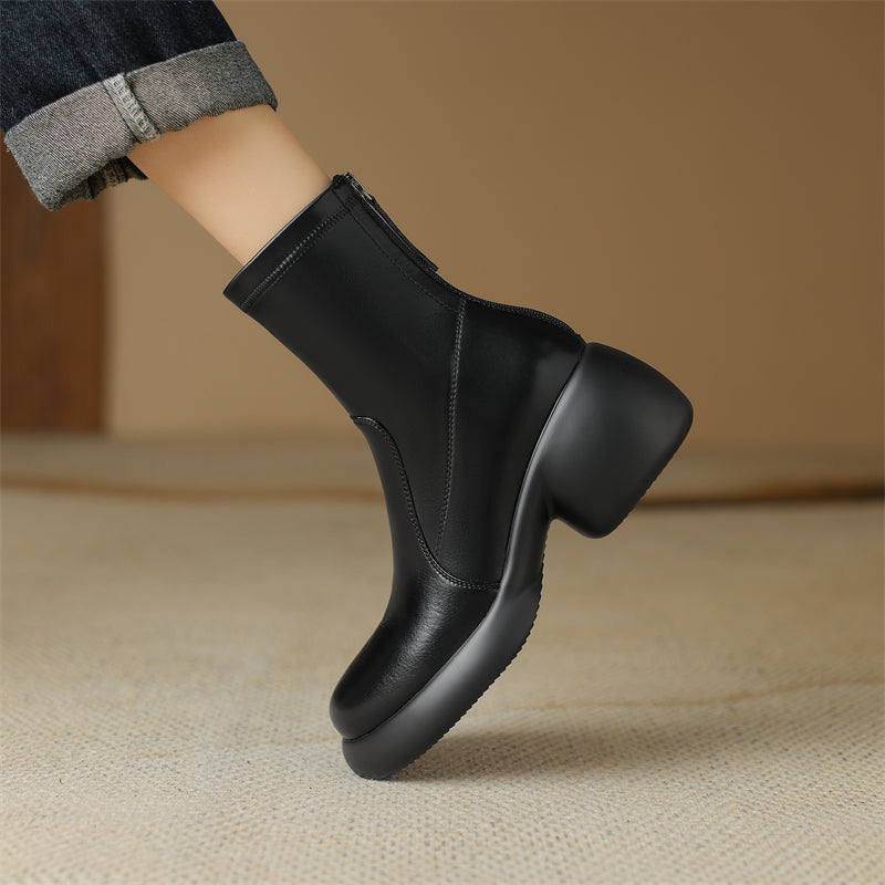 Leather Round Toe Foam Heel Ankle Boots Thick Heel Platform Boots