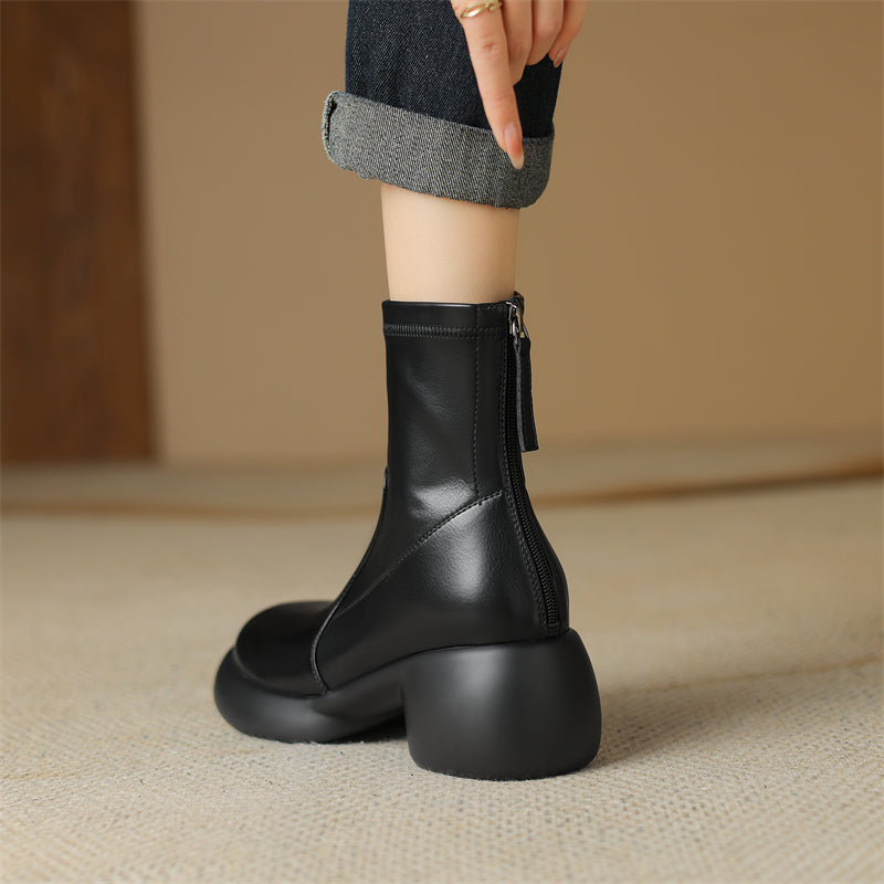 Leather Round Toe Foam Heel Ankle Boots Thick Heel Platform Boots