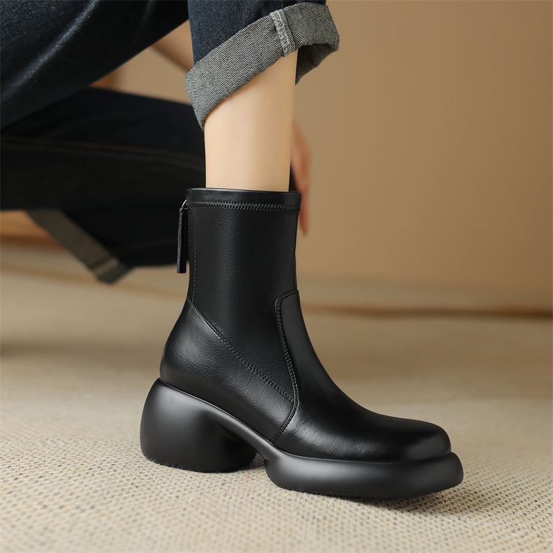 Leather Round Toe Foam Heel Ankle Boots Thick Heel Platform Boots