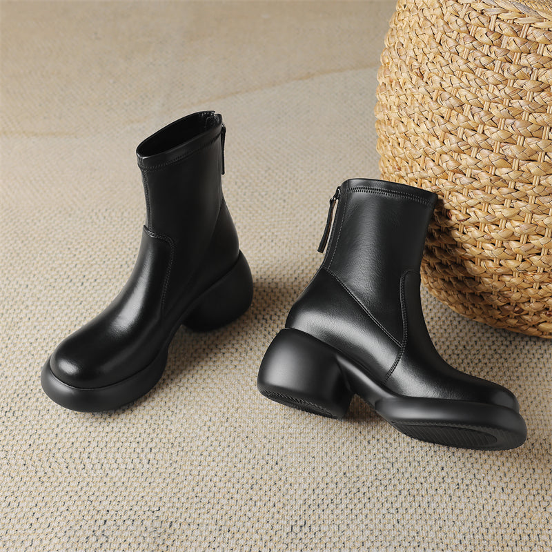 Leather Round Toe Foam Heel Ankle Boots Thick Heel Platform Boots