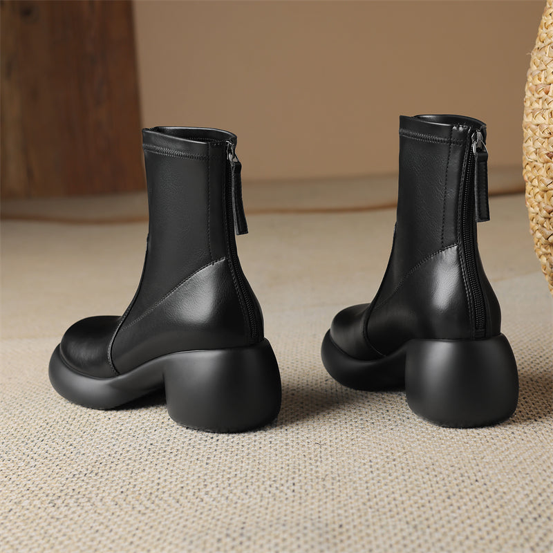 Leather Round Toe Foam Heel Ankle Boots Thick Heel Platform Boots