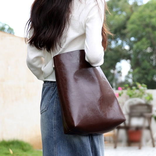 Women's Leather Shoulder Big Tote Bucket Bag