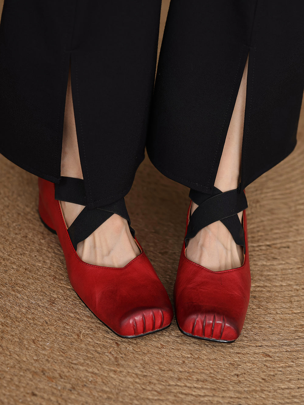 <tc>Women's Red Leather Square Toe Block Heel Ballet Shoes Low Heel Mary Jane Shoes</tc>