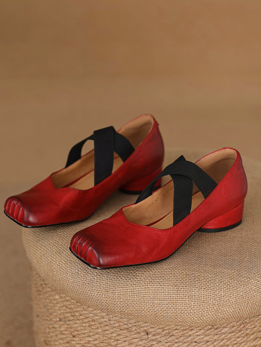 <tc>Women's Red Leather Square Toe Block Heel Ballet Shoes Low Heel Mary Jane Shoes</tc>