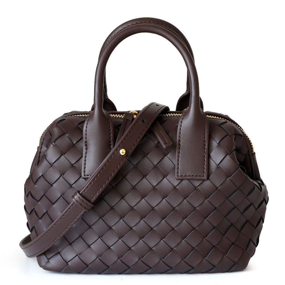 Women's Leather Woven Handbag Shoulder Boston Bag