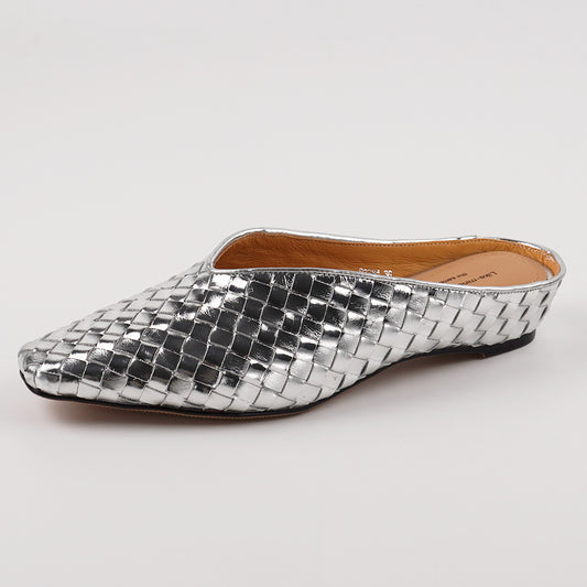 <tc>Womens Metallic Color Silver Leather Woven Mule Flats</tc>