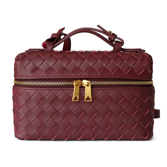 <tc>Women's Burgundy Leather Woven Bag Shoulder Square Zipper Mini Bag</tc>