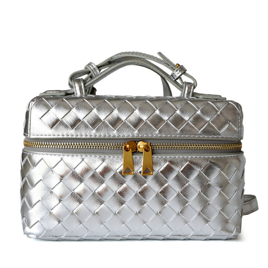 <tc>Women's Silver Leather Woven Bag Shoulder Square Zipper Mini Bag</tc>