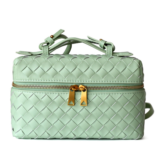 <tc>Women's Light Green Leather Woven Bag Shoulder Square Zipper Mini Bag</tc>